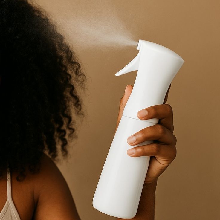 applying water spray on 4C natural hair for moisture routine