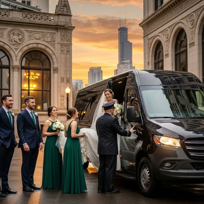 Bride and groom entering a luxury black sprinter van alongside their bridesmaids and groomsmen on their wedding day.