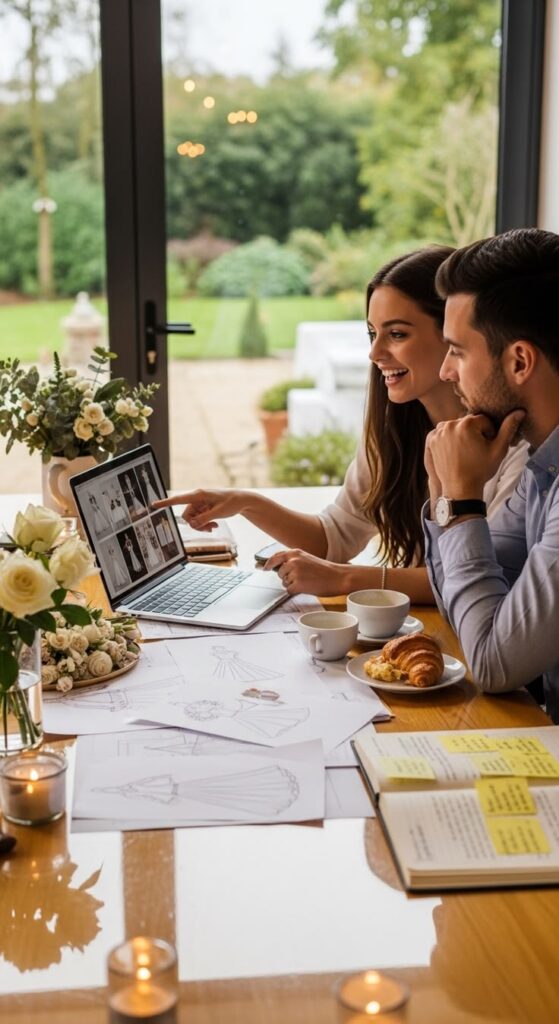 A woman showing a man some wedding photos on her laptop screen
