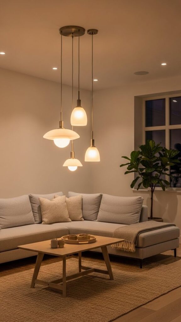 Modern living room with hanging lights and bright natural lighting