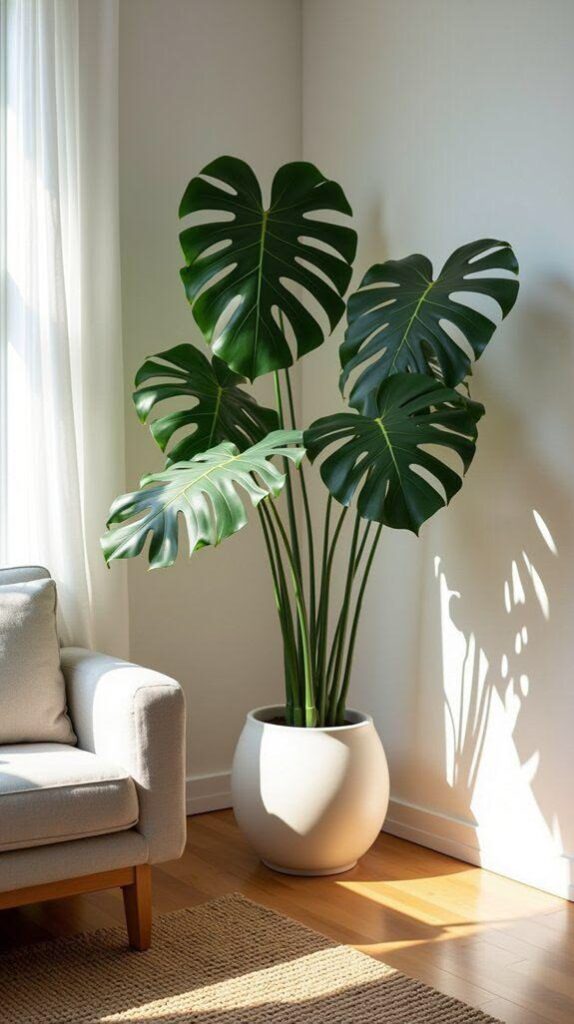 A decorative plant in a vase positioned in the corner of a room, adding a natural touch and enhancing the interior dรฉcor.