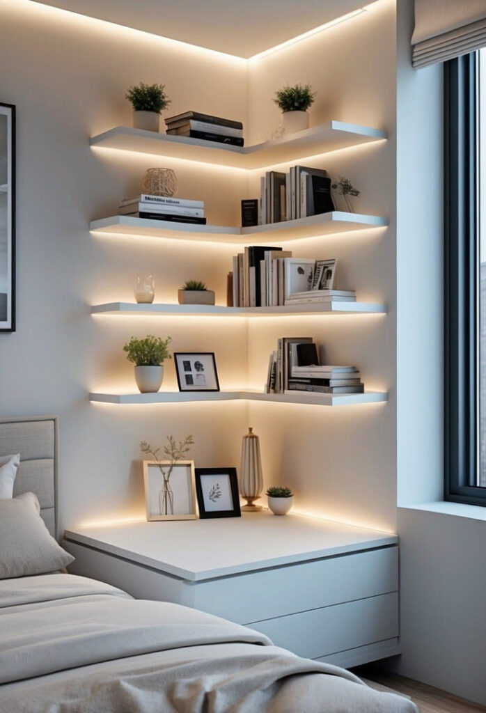 Organized bedroom corner shelf featuring neatly arranged books, decorative plants, and stylish accessories that add charm and personality to the space
