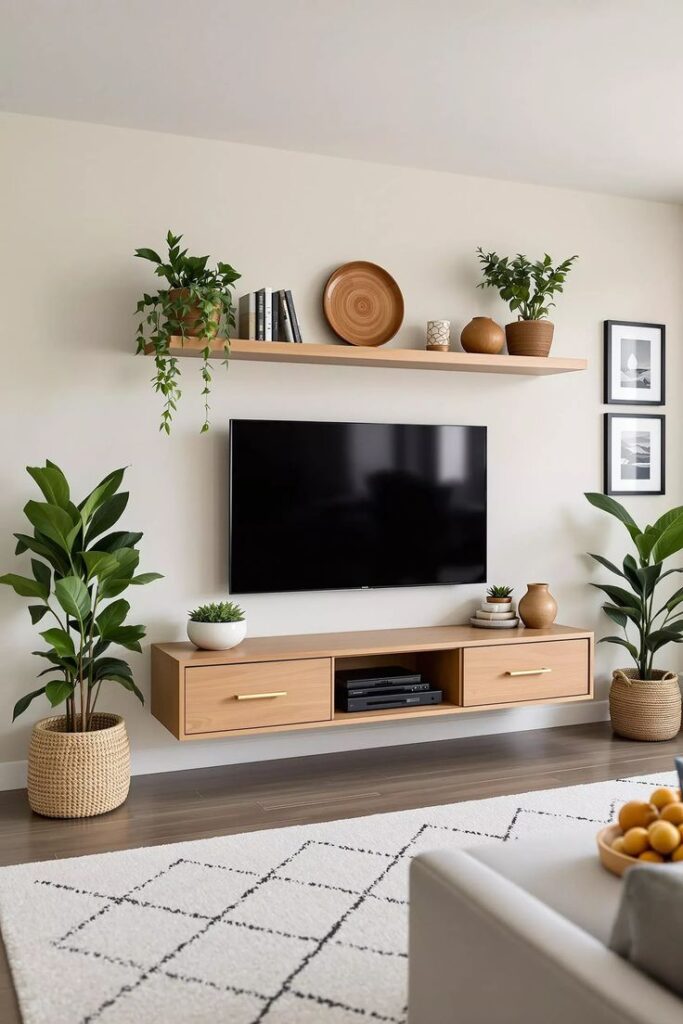 A stylish TV stand decorated with green plants and decorative items, creating an elegant and welcoming look in the living area.