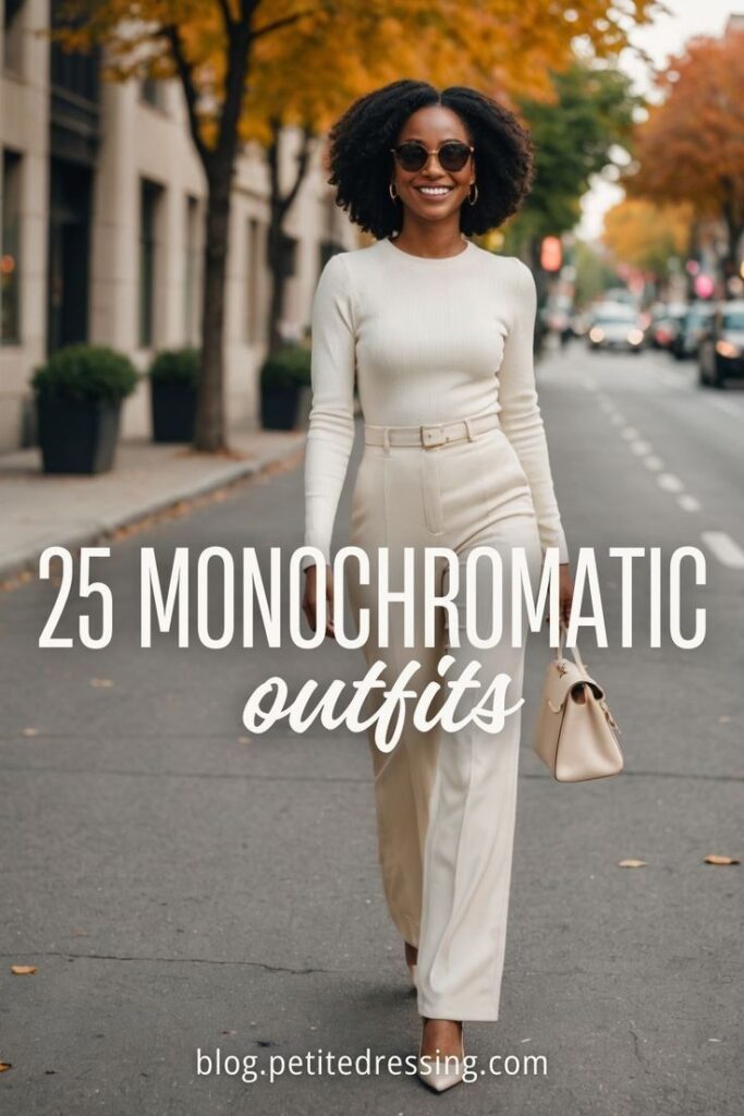 Woman wearing a single color outfit illustrating petite fashion guide