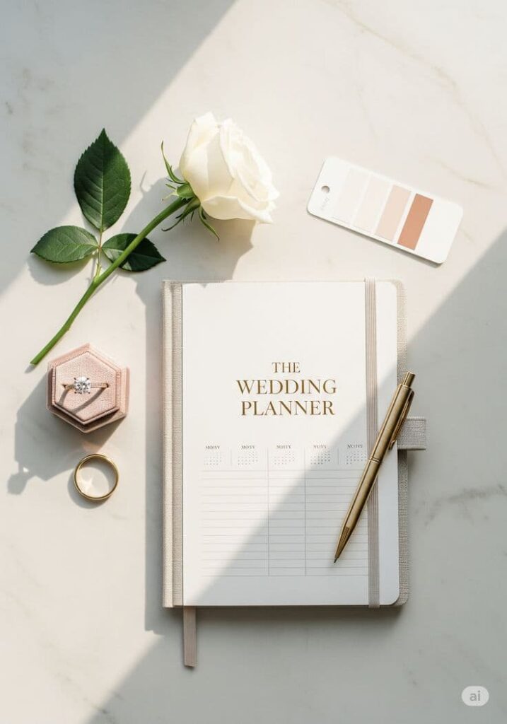wedding planner book with pen and ring for destination wedding budget planning