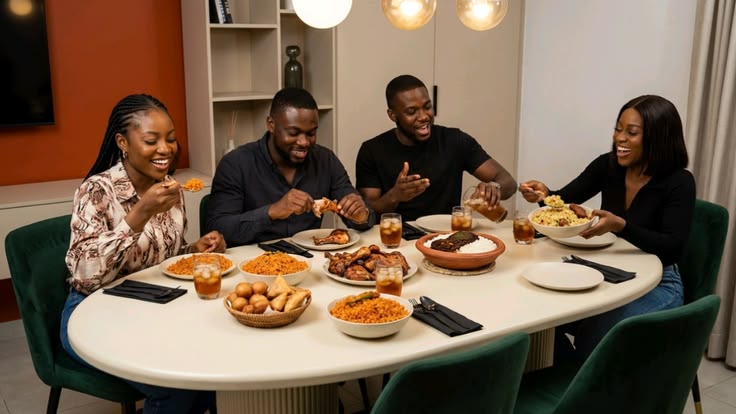 four people enjoying their meal
