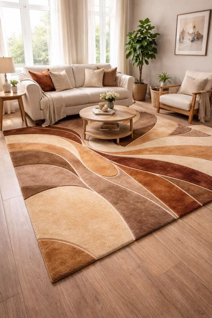 Large neutral area rug with a cream sofa, accent chairs, and natural light, creating a spacious and luxurious feel.