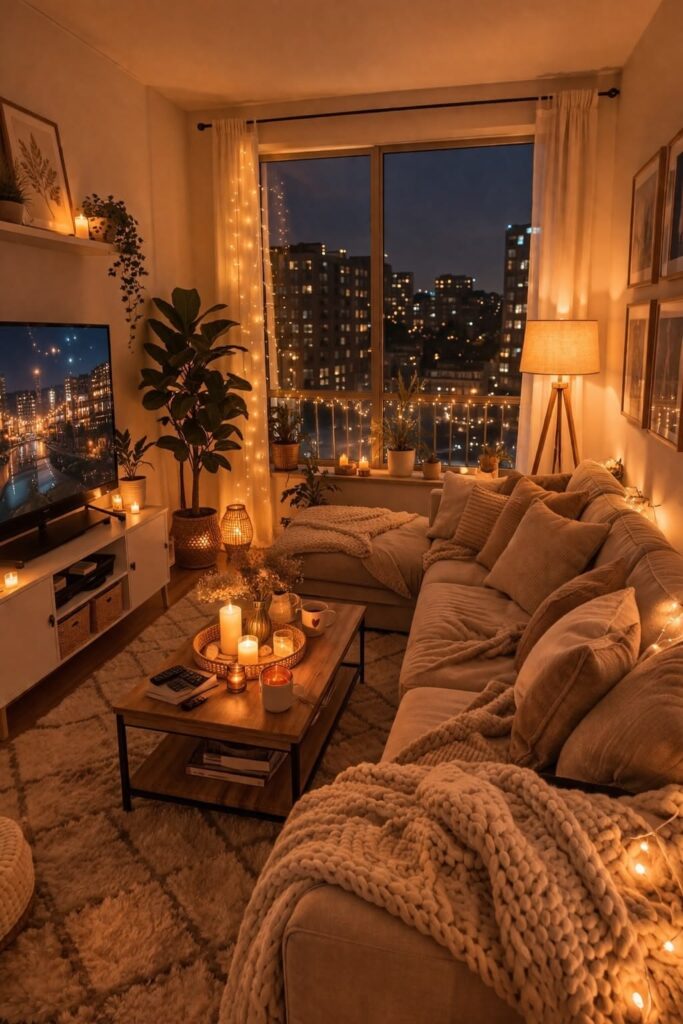 living room with a warm light