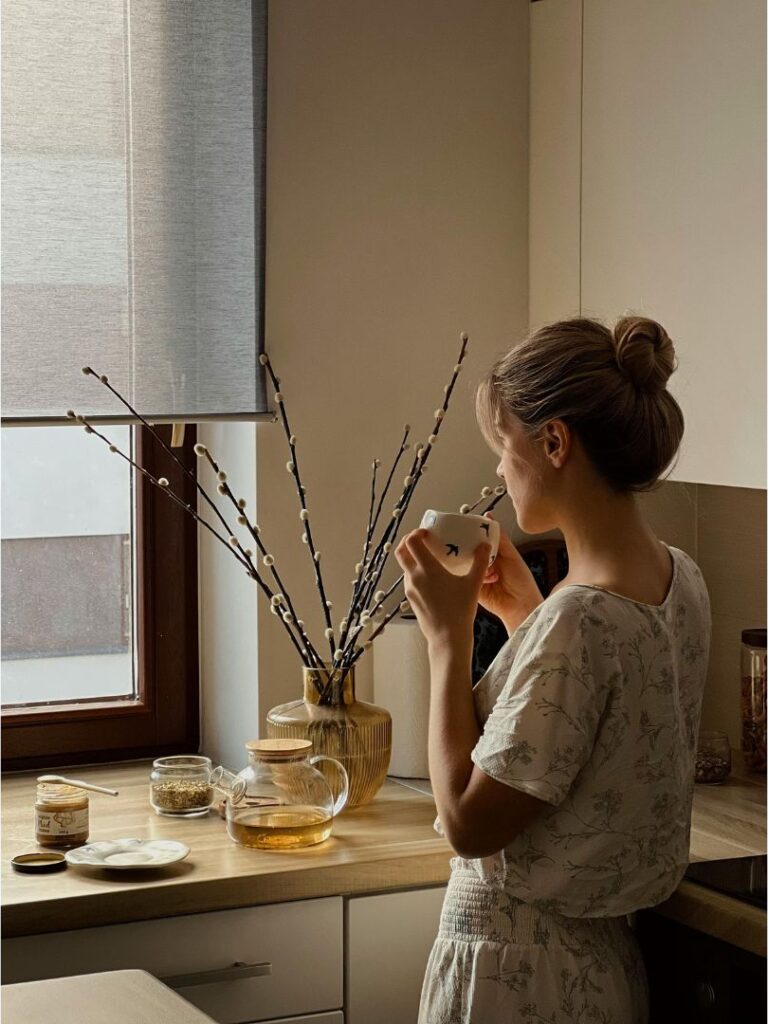 stay-at-home mom enjoying a peaceful morning with a cup of tea