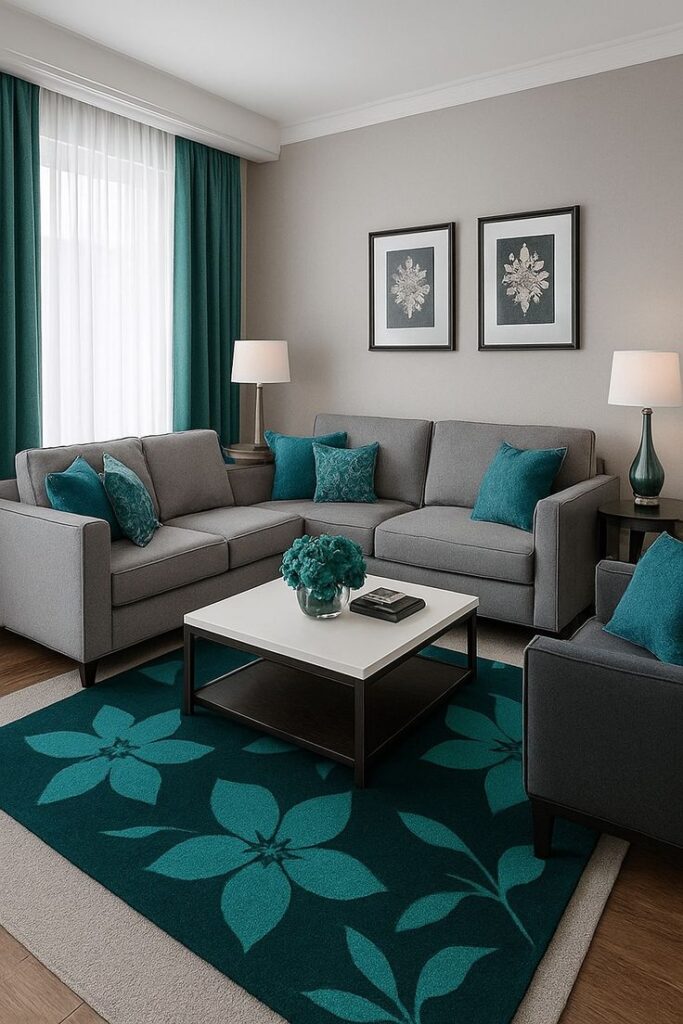 an apartment with green rug, velvet pillow and curtains