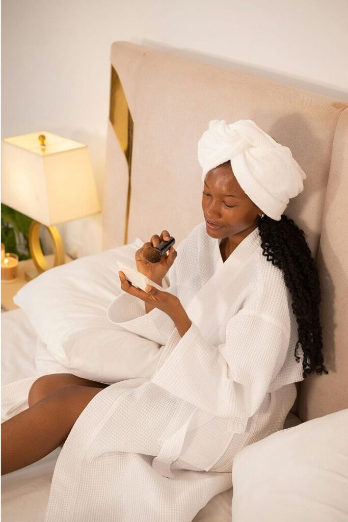 stay at home mom home alone in a robe, taking a moment to enjoy a peaceful soft life morning at home.
