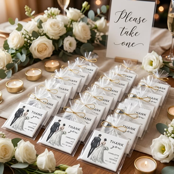 Personalized thank-you jotters from the couple displayed as wedding favors for guests