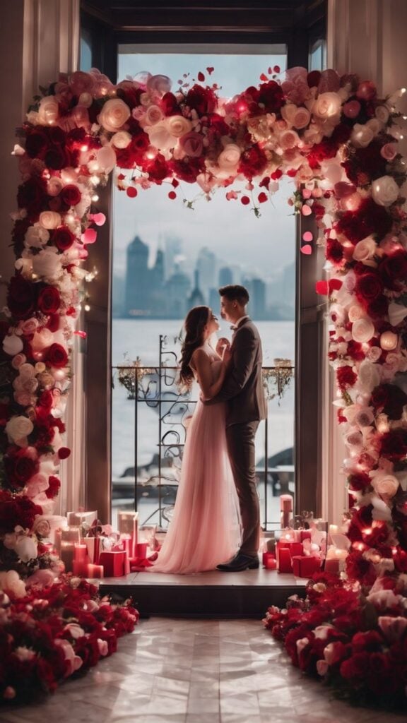 A couple in a romantic moment as they stand facing each other and holding hands in a lovely decorated environment with flowers and lighted candles