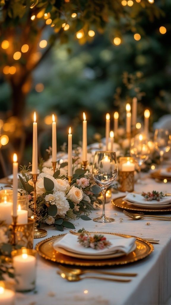 A beautifully decorated reception table featuring floral arrangements, glowing candles, and elegantly set plates.