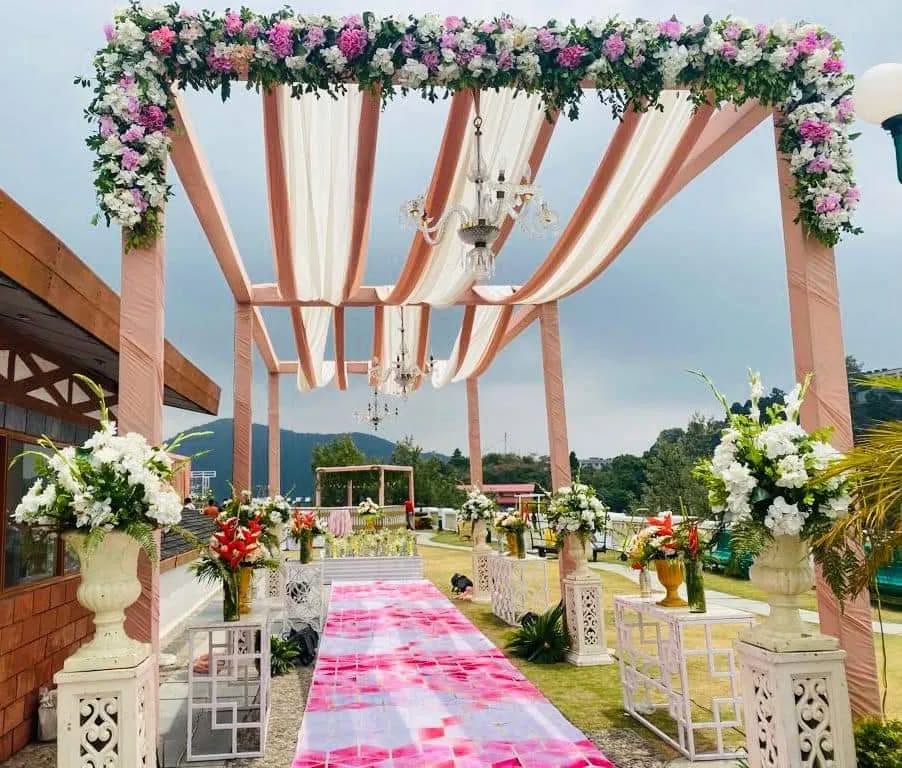 A wedding venue decorated with flowers