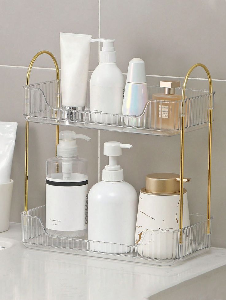 Skincare products neatly arranged in the bathroom in a counter