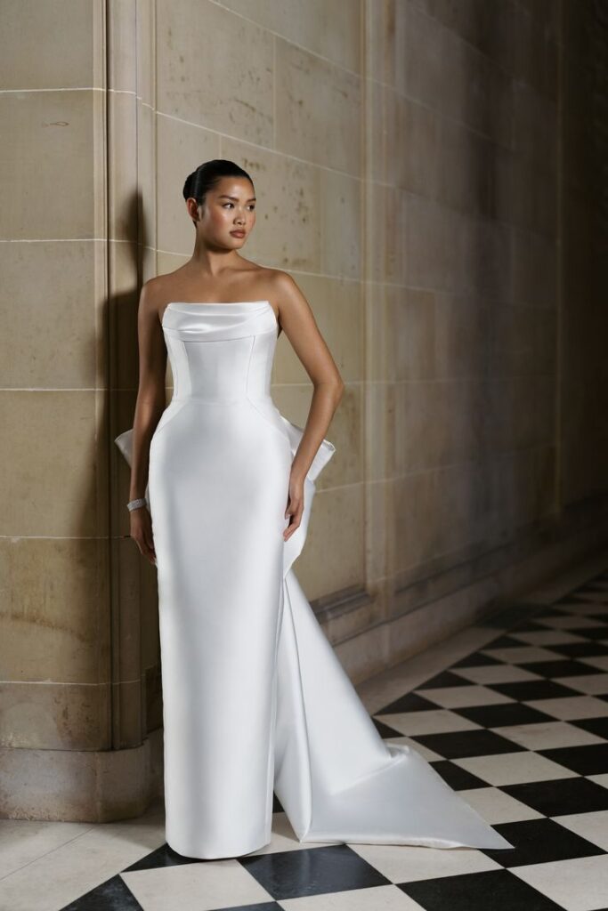 A bride on a Sleek Minimalist Satin Bridal Look