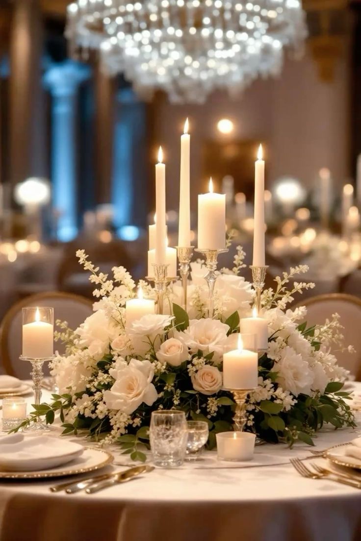 Elegant wedding table centerpiece featuring white roses, hydrangeas, lush greenery, and tall pillar candles in crystal holders, creating a warm candlelit reception with a luxury ballroom ambiance.