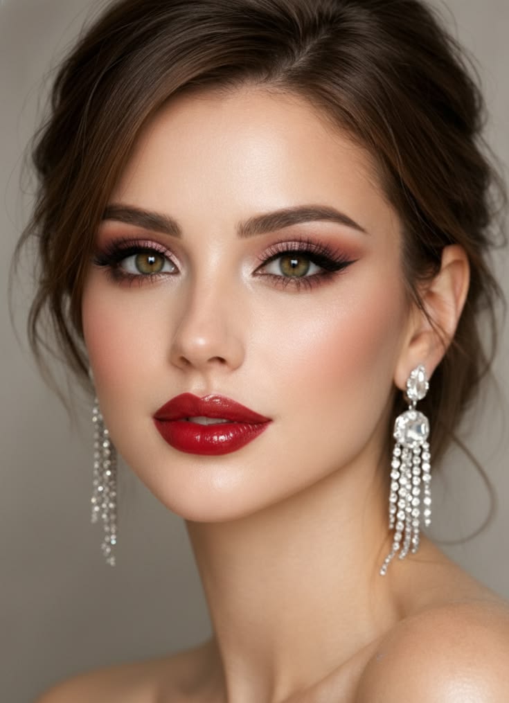 Woman with soft smoky eyeshadow, defined brows, voluminous lashes, radiant skin, bold red lipstick, and sparkling chandelier earrings styled with an elegant updo.