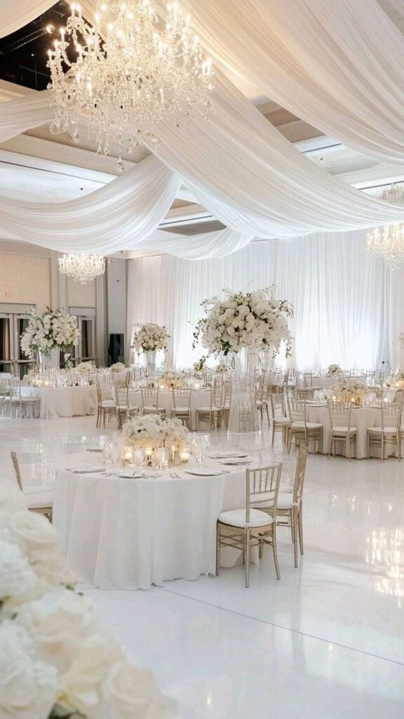Elegant all-white ballroom wedding reception featuring crystal chandeliers, flowing ceiling drapery, tall white floral centerpieces, candlelit tables, and gold Chiavari chairs creating a timeless luxury wedding theme.