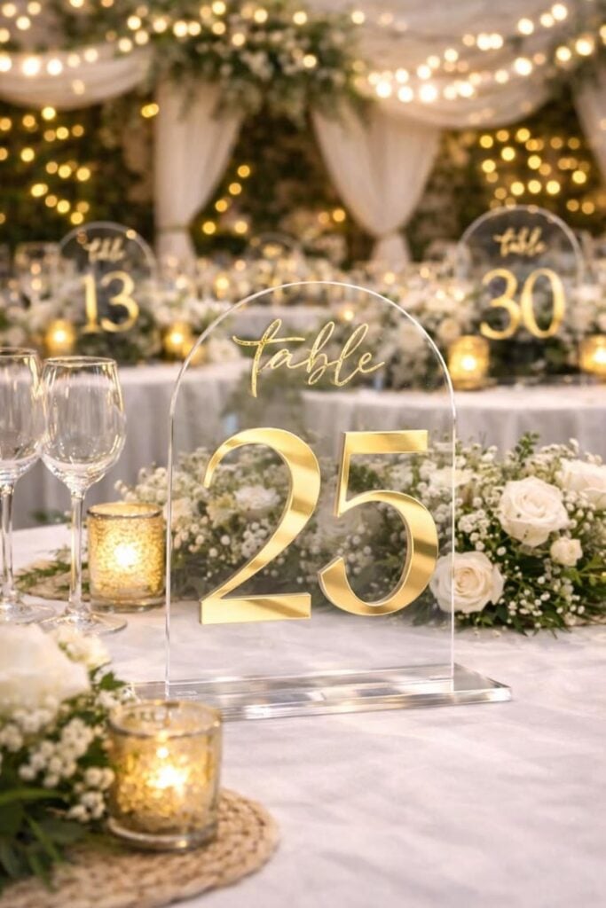 Clear acrylic table numbers featuring luxurious gold lettering designed in a sleek arch shape