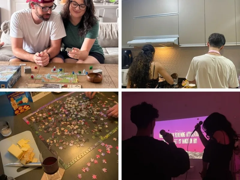 Couples enjoying quality time together by playing board games, cooking, completing a puzzle, and singing karaoke at home