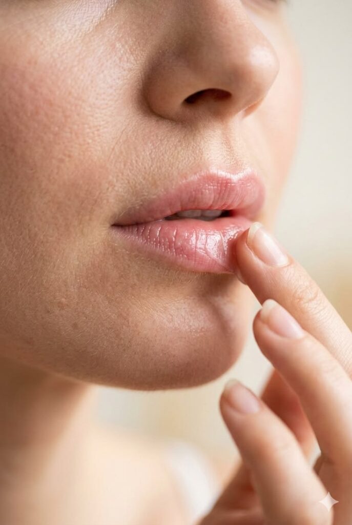  Someone applying a nourishing lip balm to protect her lips and to prevent dryness, keeping the lips smooth and healthy.
