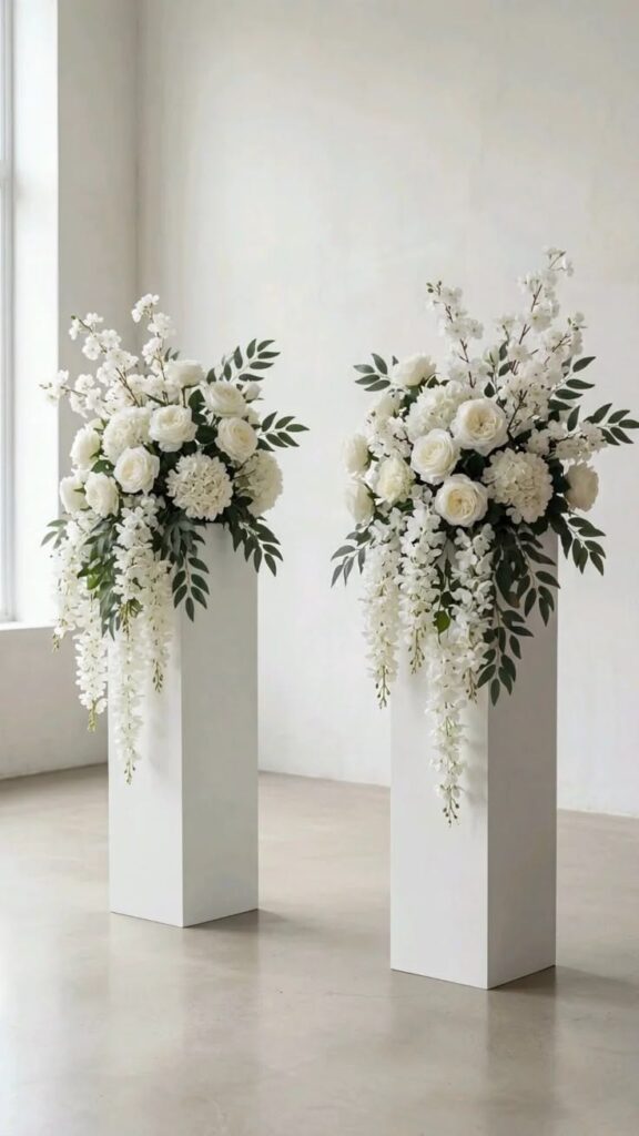 White wedding floral arrangements on tall pedestal stands featuring roses, hydrangeas, cascading white blooms, and lush greenery for an elegant ceremony aisle or venue entrance.
