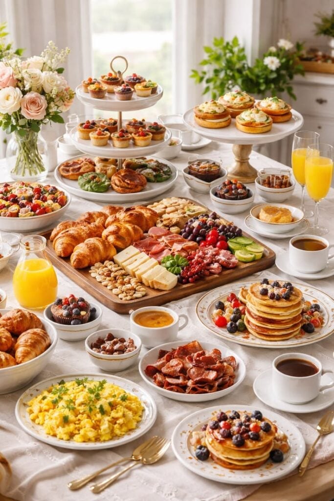 A table filled with a selection of breakfast foods, including a variety of sweet and savory dishes.