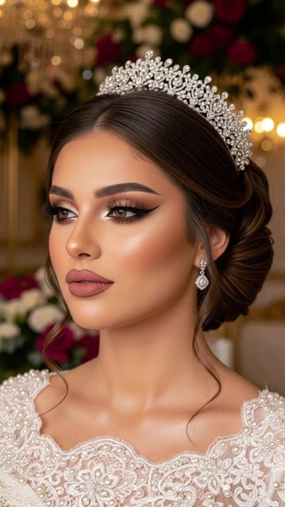 Bride with flawless full glam makeup featuring winged eyeliner, sculpted contour, nude matte lips, glowing skin, and an elegant updo adorned with a sparkling crystal tiara.
