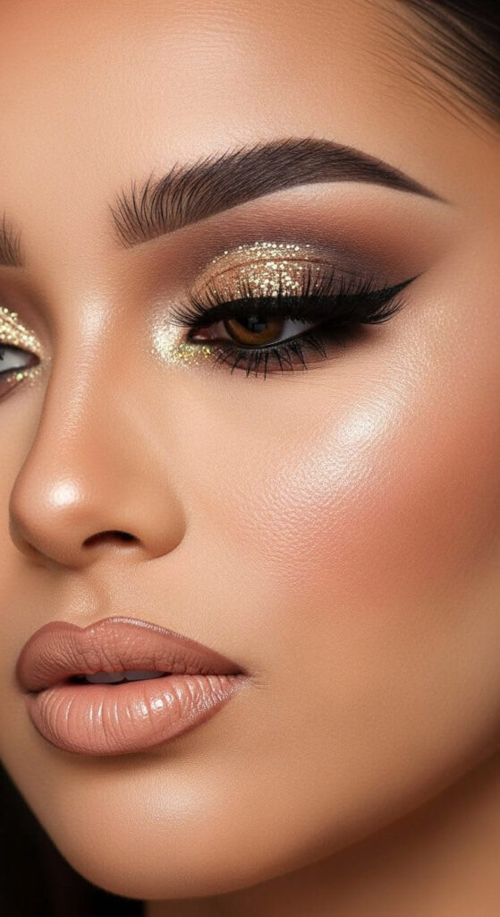 Close-up of glamorous bridal makeup featuring gold glitter eyeshadow, dramatic winged eyeliner, voluminous lashes, glowing highlighted skin, sculpted brows, and nude matte lips.