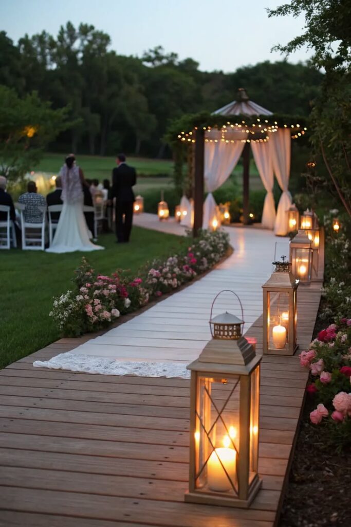 Deck Wedding Decorated venue with floral arches, string lights, and cozy drapes.