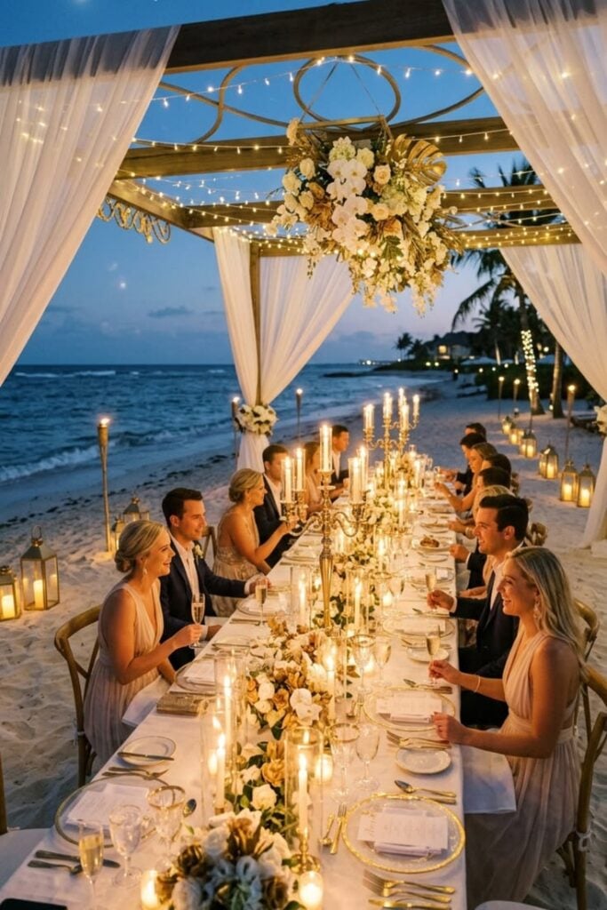A wedding reception at the beach with guests