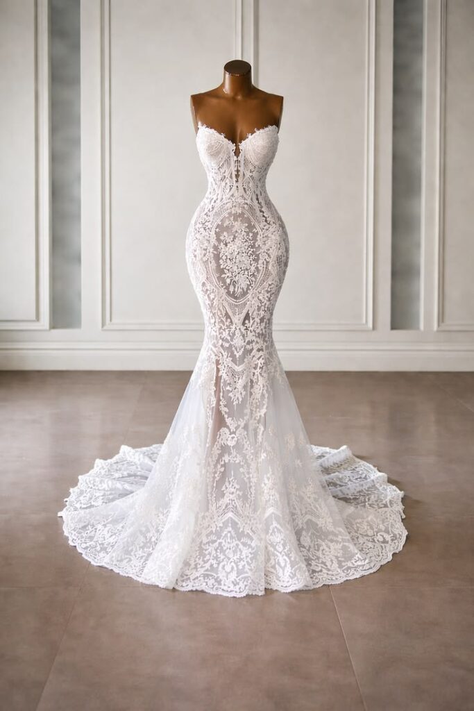 Ivory Strapless Lace Mermaid Wedding Gown with Train placed on a mannequin 