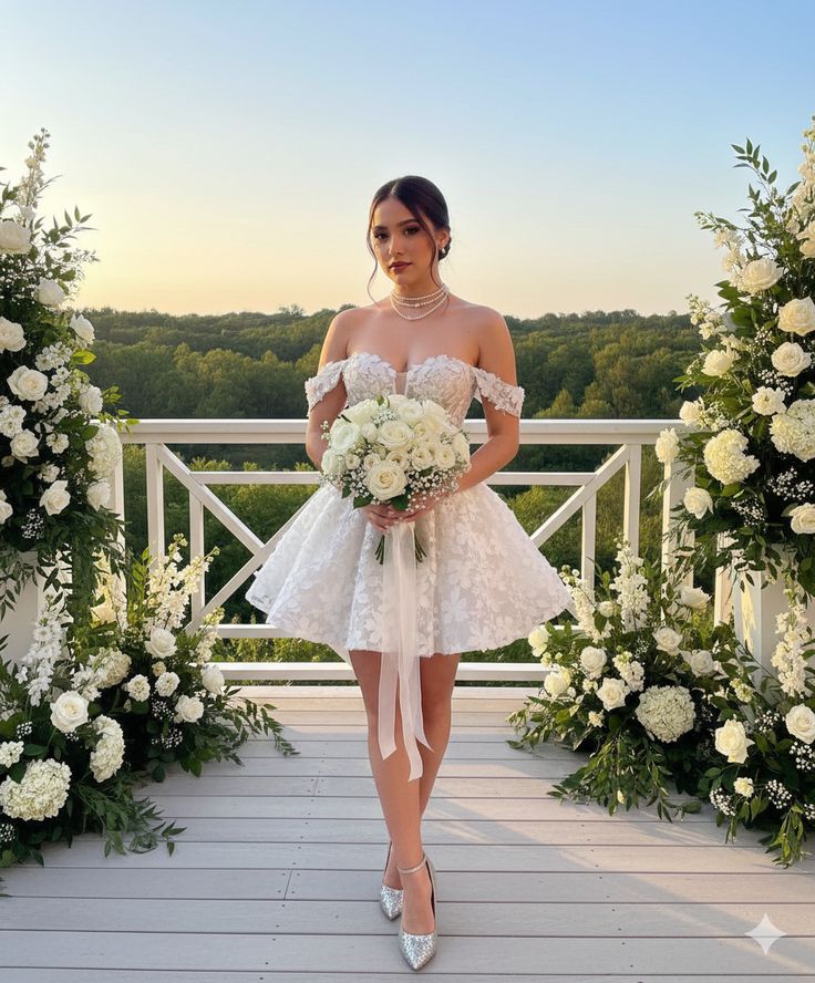 Mini wedding dress with off-shoulder sleeves