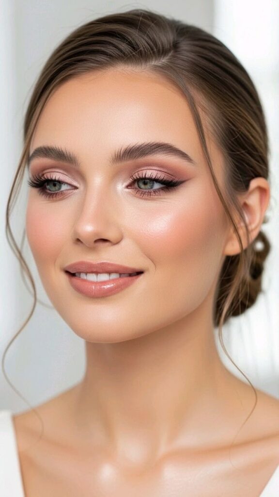 Woman with soft taupe eyeshadow, feathered brows, subtle rosy blush, luminous skin, and nude pink lips, paired with a classic low bun for an elegant bridal look.