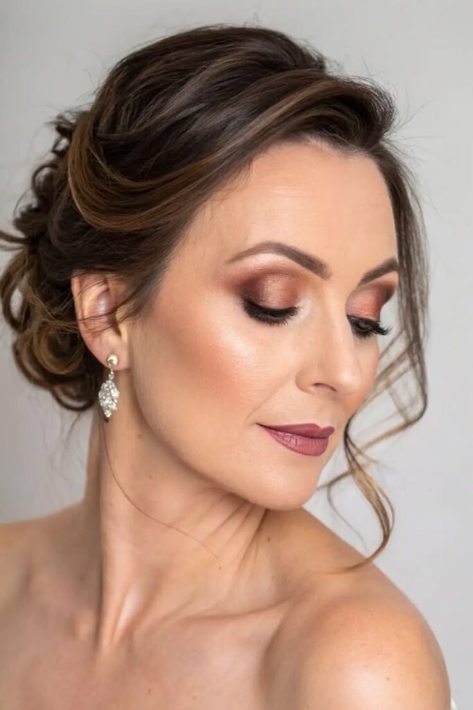 Bride wearing an off-the-shoulder satin wedding gown with glowing skin, soft neutral eye makeup, fluttery lashes, glossy nude lips, and a classic veil for an elegant, timeless look.