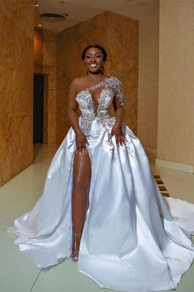 Asymmetrical Mermaid High Split One Shoulder Floor-length Long Sleeve Open Back Appliques Lace Wedding Dress