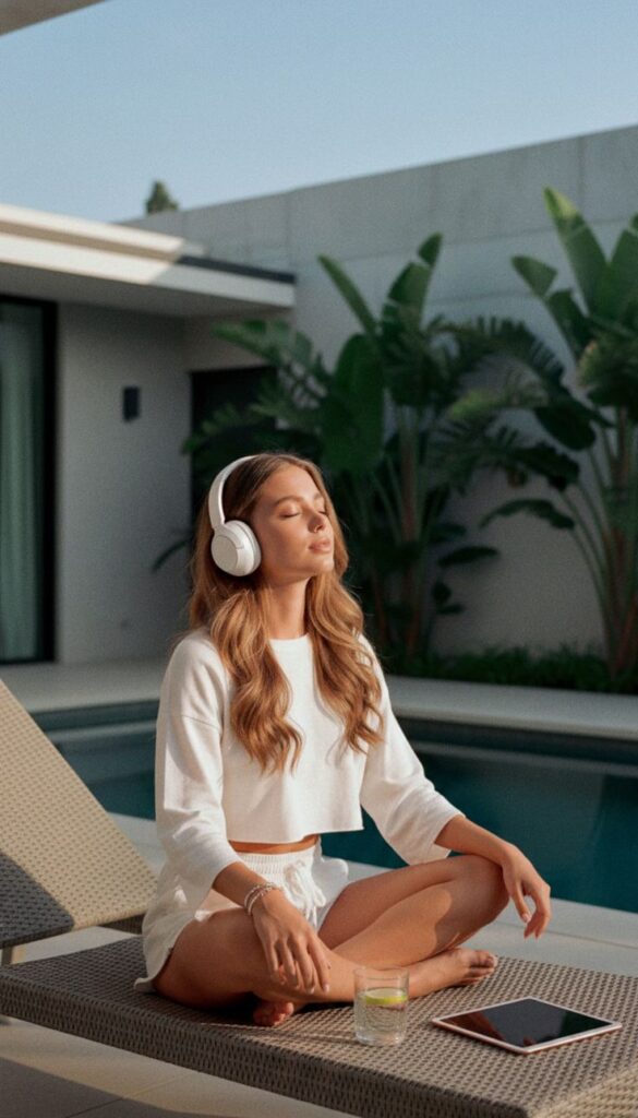A Woman meditating by the pool with headphones and eyes closed, enjoying a peaceful moment of relaxation and mindfulness.