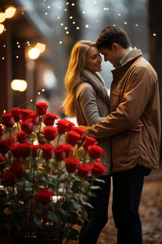 Couple embracing during a romantic outdoor moment, surrounded by blooming red roses and warm evening lights.