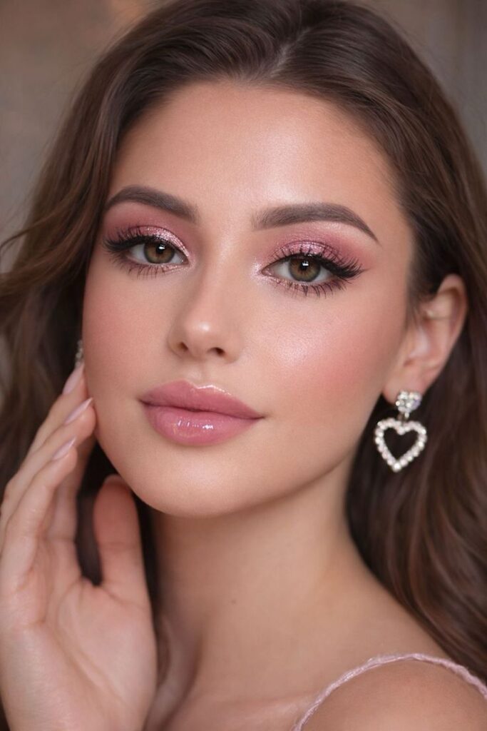 Woman with soft pink shimmer eyeshadow, rosy blush, defined lashes, glossy pink lips, and glowing skin, finished with elegant heart-shaped earrings for a romantic bridal look.