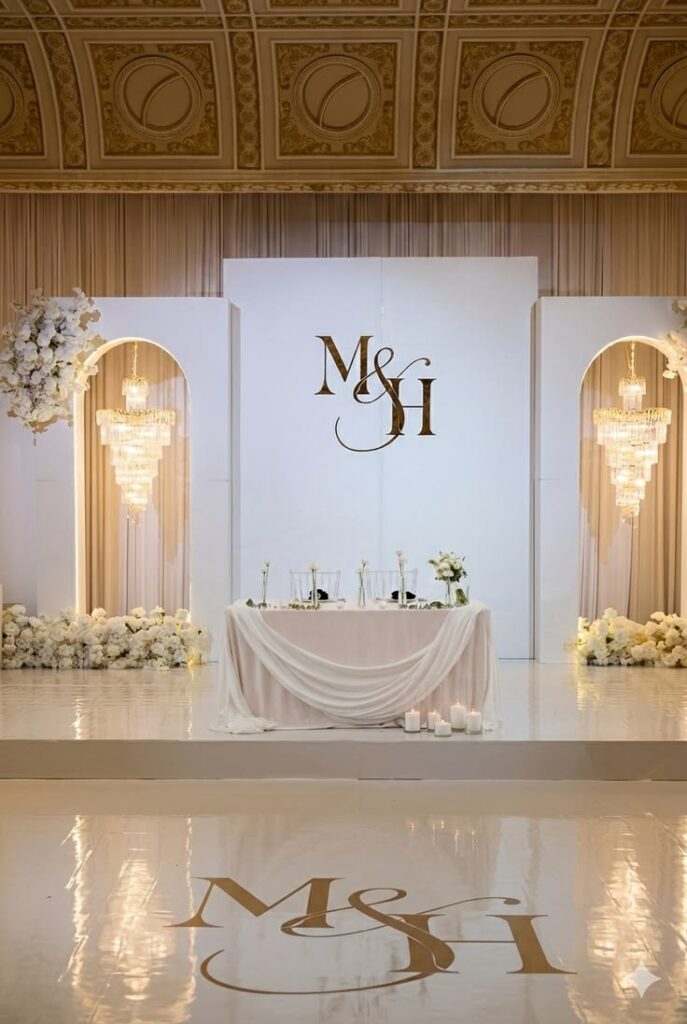 A backdrop behind a sweetheart table frame