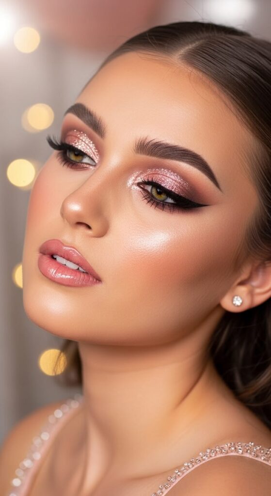 Romantic and glowing, rose gold tones create a soft yet luxurious prom-ready beauty look.
