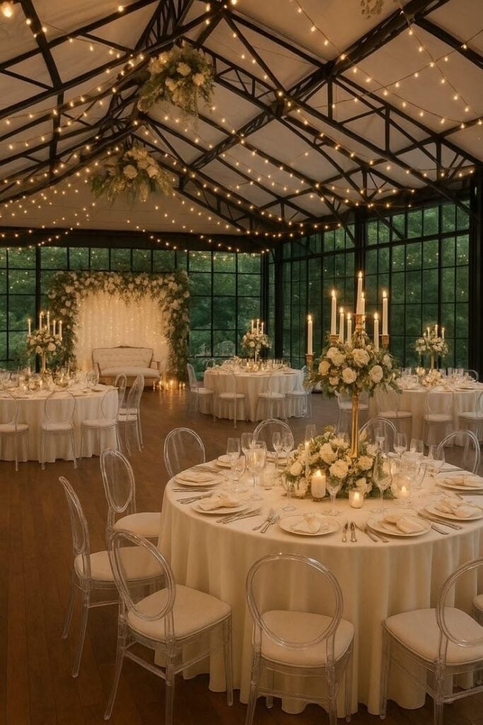 Elegant wedding reception with warm ambient lighting, candlelit floral centerpieces, transparent chairs, and a romantic sweetheart backdrop inside a modern glass venue.