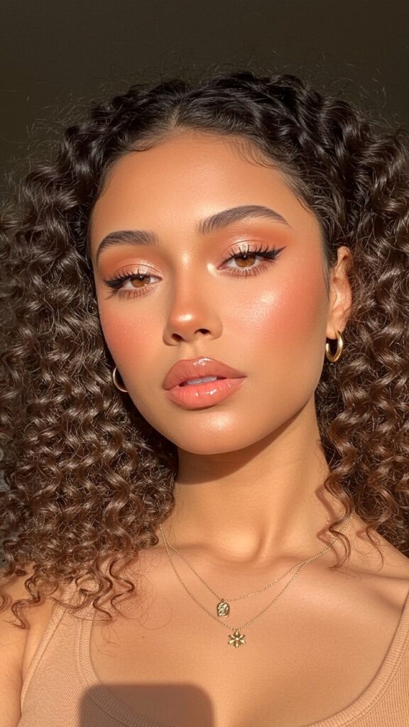 Woman with soft bronze eyeshadow, glowing skin, peach blush, glossy nude lips, defined brows, and voluminous curly hair, creating a warm and elegant bridal-inspired makeup look.