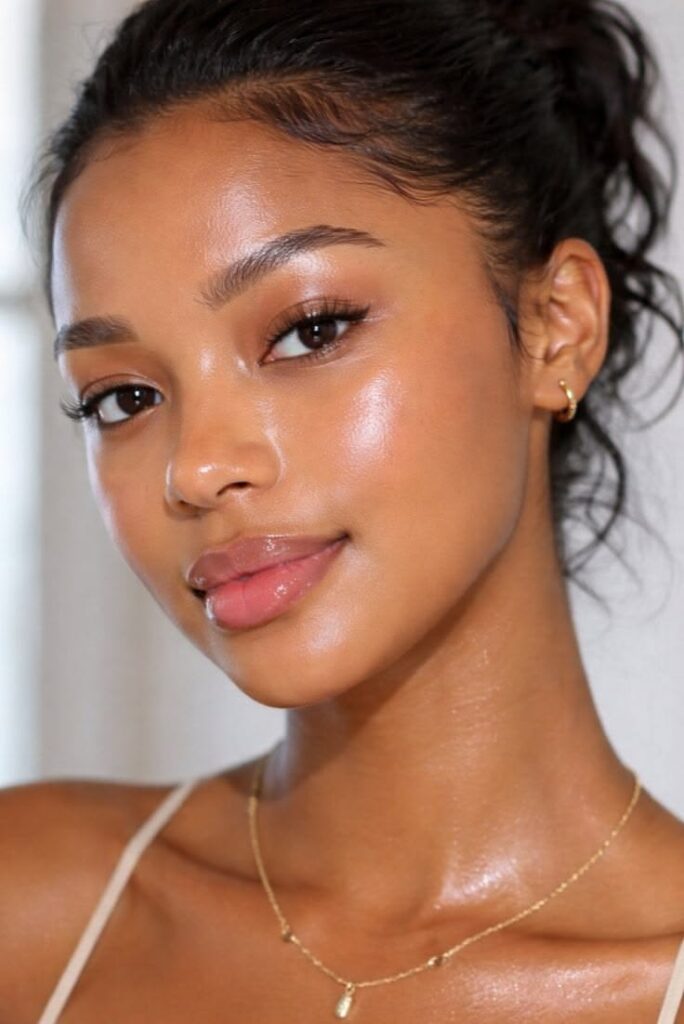 Natural skin bridal makeup look featuring glowing skin, softly defined brows, neutral brown eyeshadow, wispy lashes, and glossy nude lips with a radiant, dewy finish.