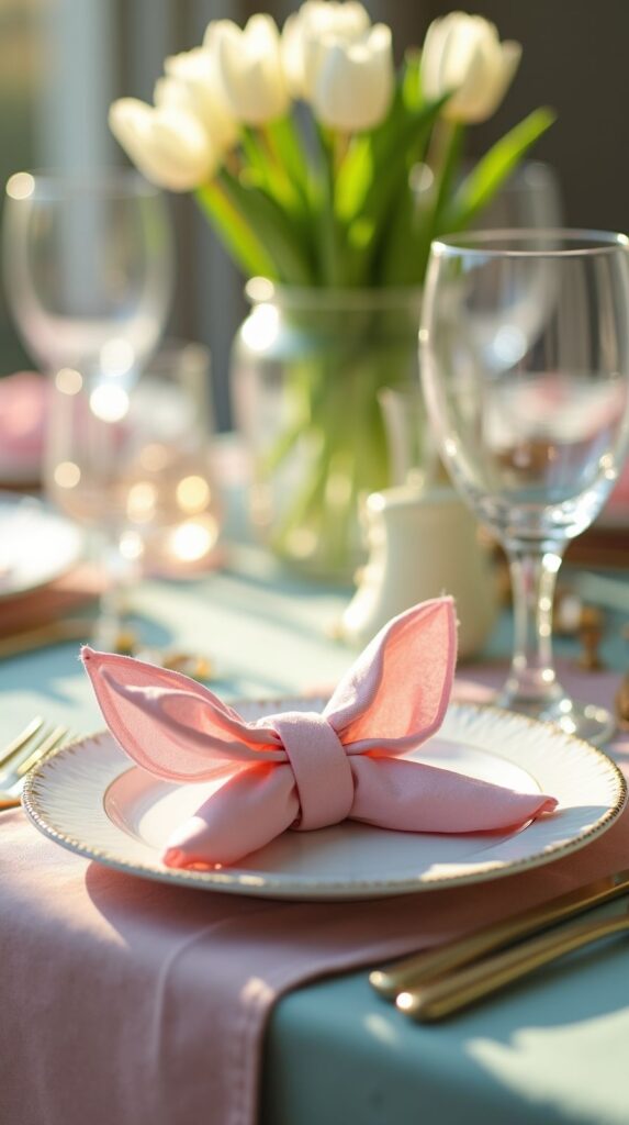 Beautiful pink napkin formed a tiny flower and placed on each plate on a wedding reception table