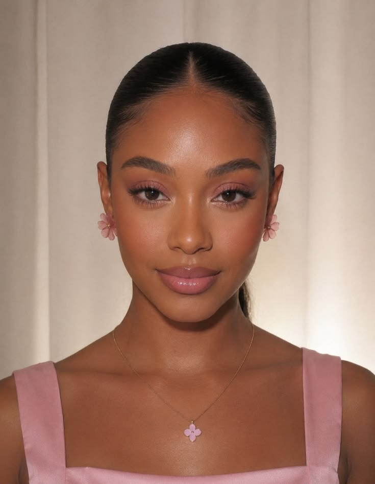 A feminine and elegant beauty look featuring glowing brown skin, soft pink tones, and a timeless natural hairstyle.