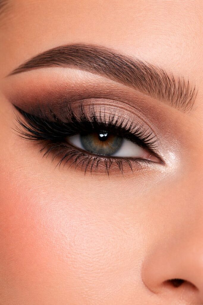 Soft smokey eye makeup with blended neutral browns and subtle shimmer.