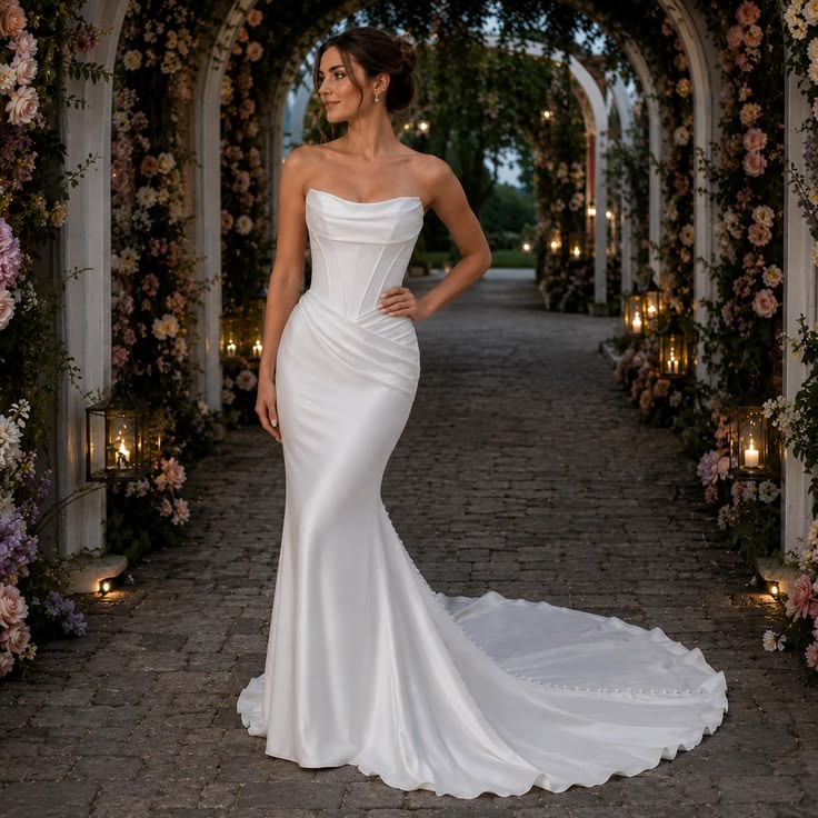  Satin Wedding Dress, Strapless Mermaid Bridal Gown, Simple Elegant Attire for wedding